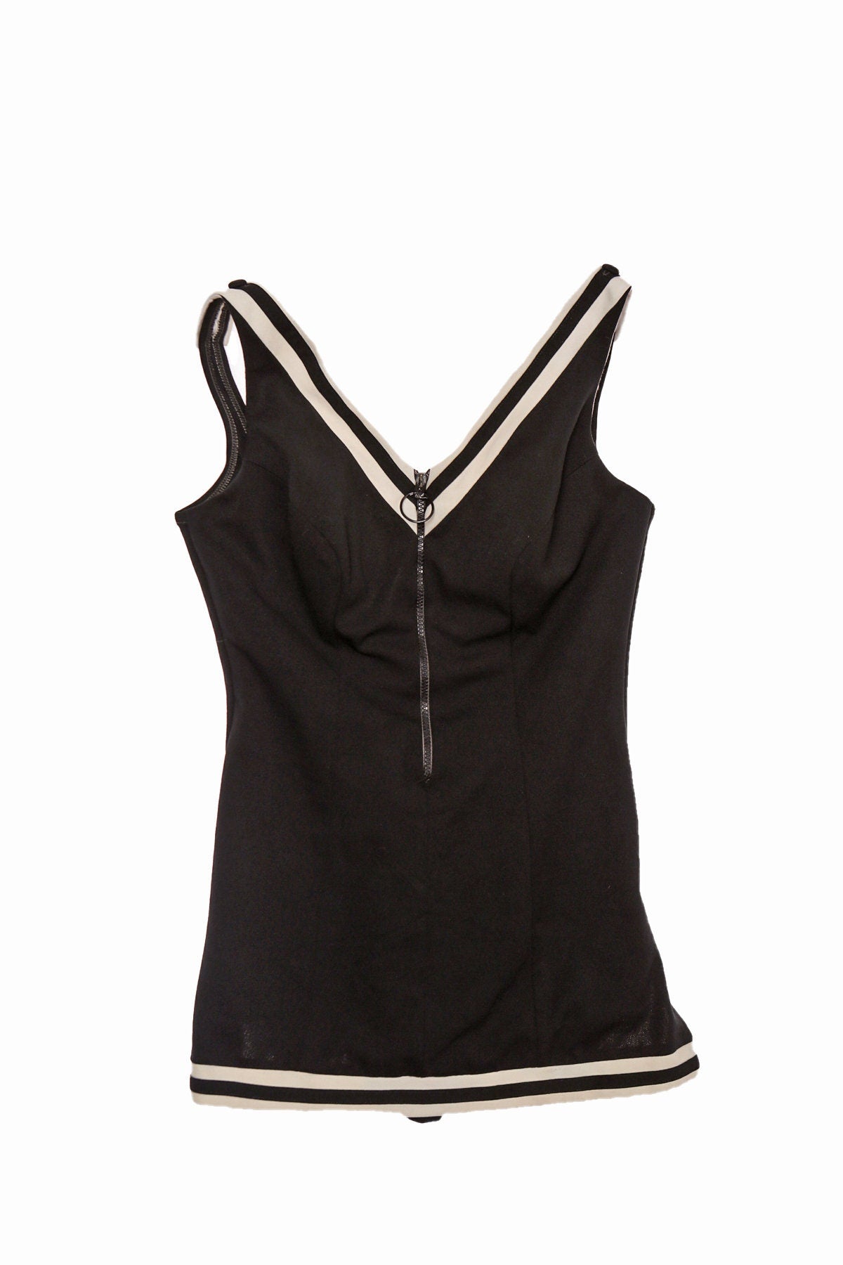 Women Black Swimsuit with Front Chest Zipper Closure - Era 1960s - 1970s