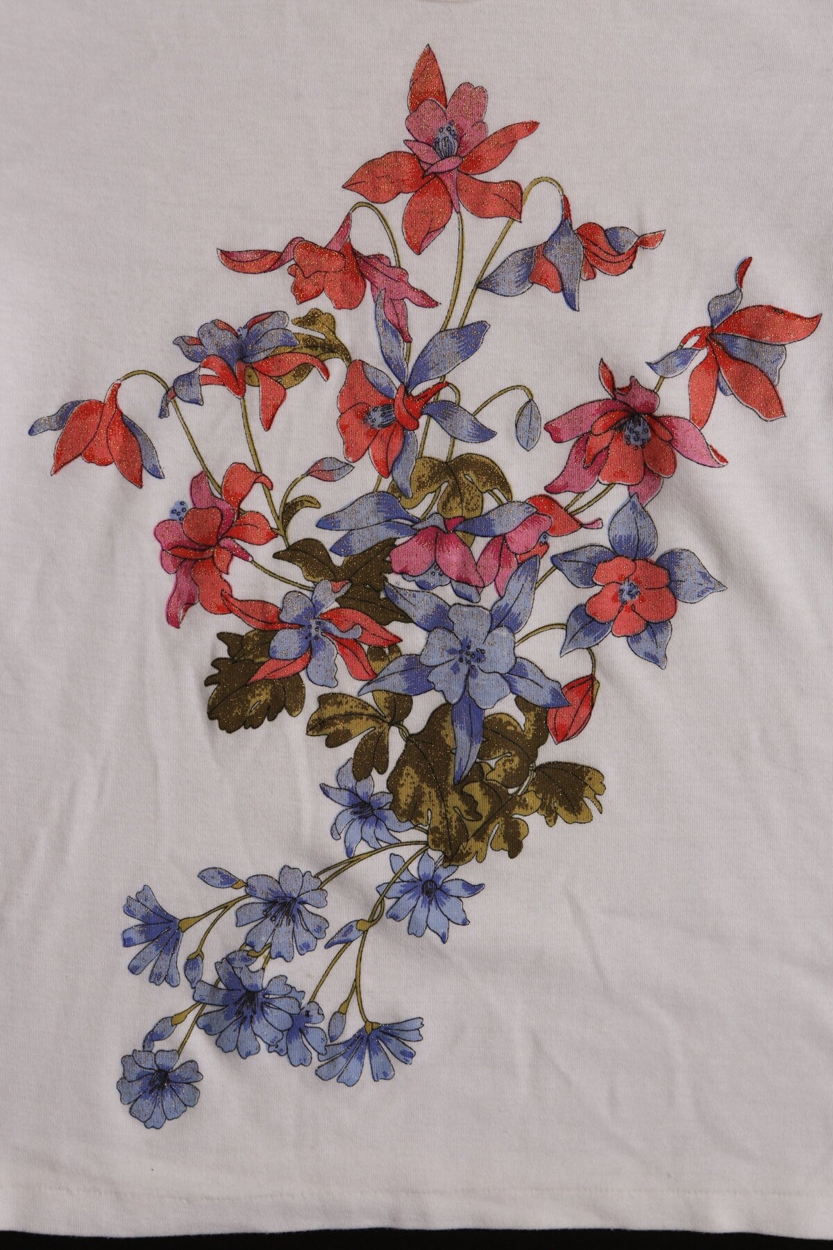 Flower Print White Crew Neck Blouse - Era 70s - 80s - Design from Japan