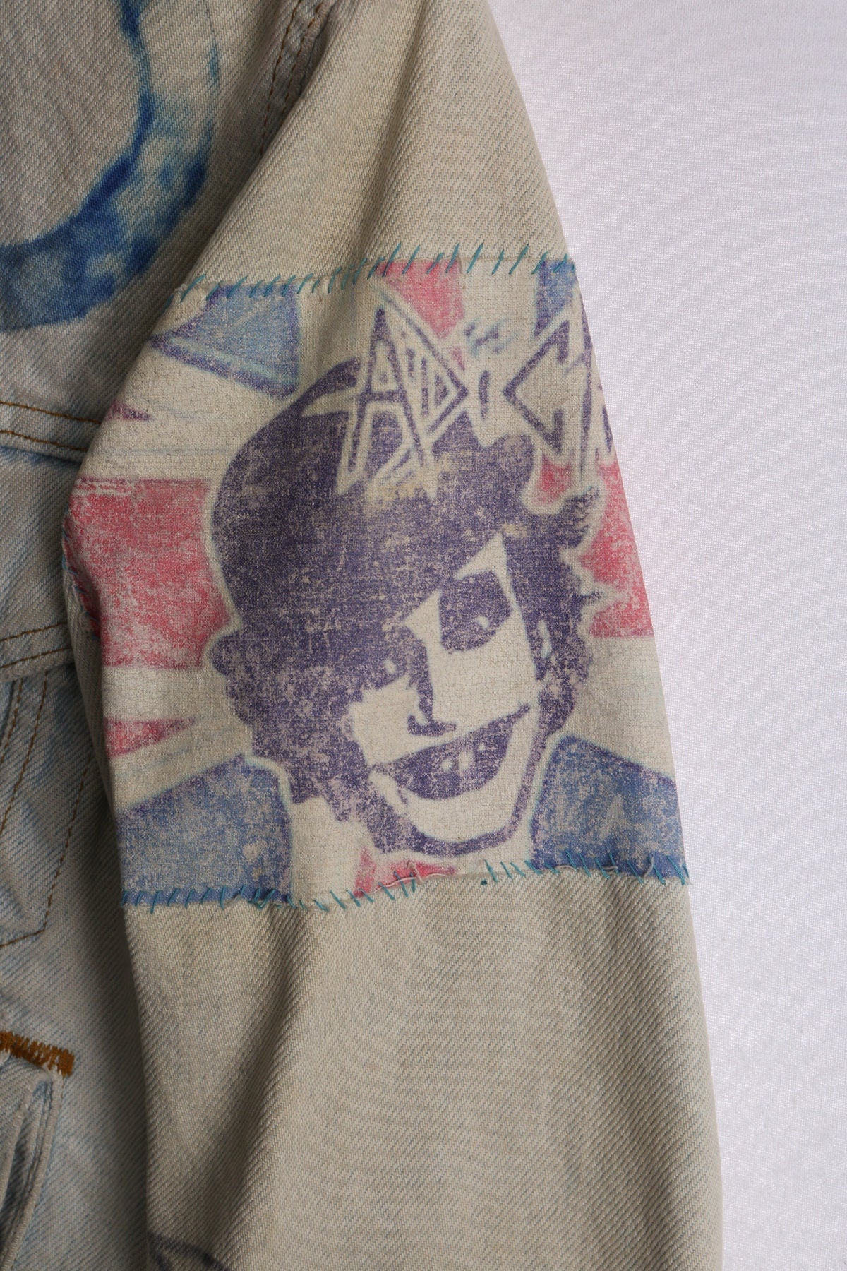 Punk Rock Costume Made Denim Jacket with Studded Back - Hand Painted - Back Patchwork