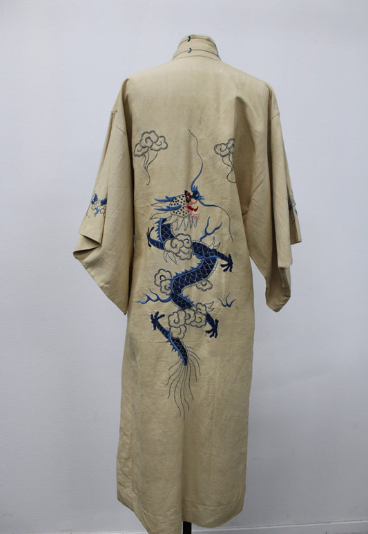 Kimono vintage embroidered dragon blue rare japanese robe antique collectible unique beige cloud