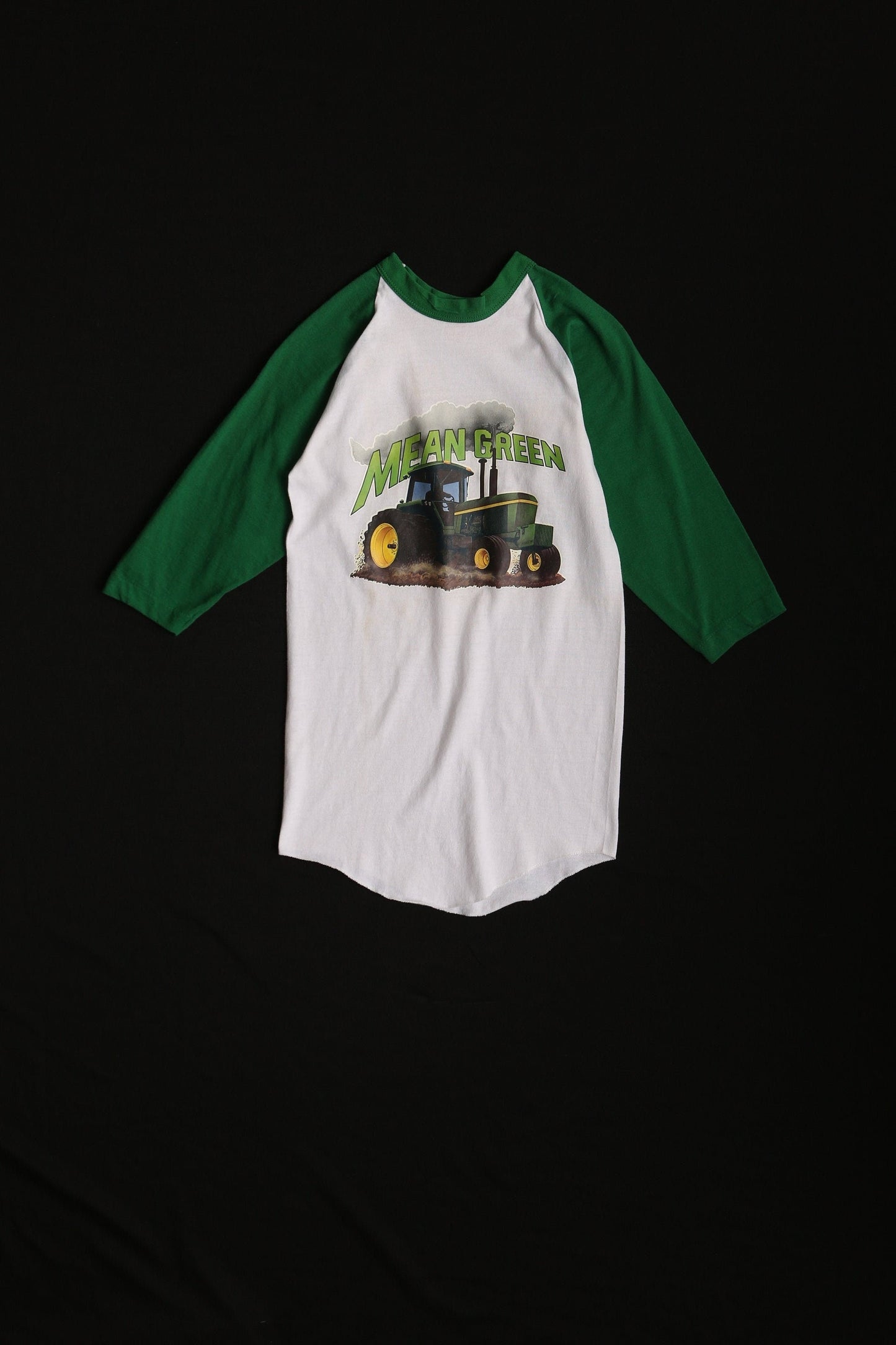 Vintage baseball t-shirt white green tractor farm mean green 70's