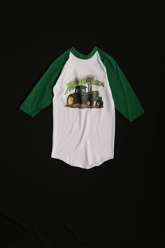 Vintage baseball t-shirt white green tractor farm mean green 70's