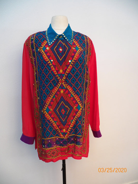 Silk graphic button up top blouse casual 90's women red diane gildman 80's y2k