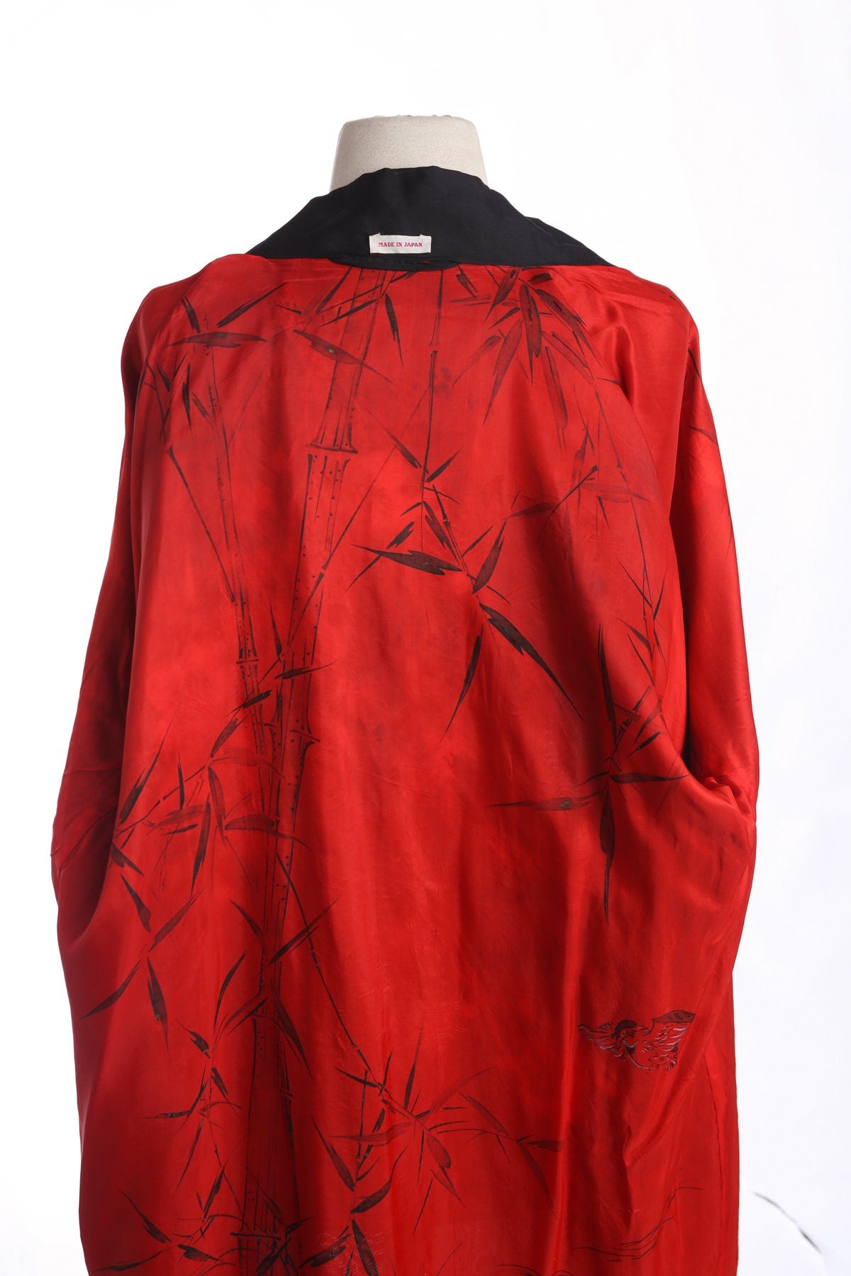 Vintage Black Kimono with Back Flower Embroidery and Bambo Print Inside Lining