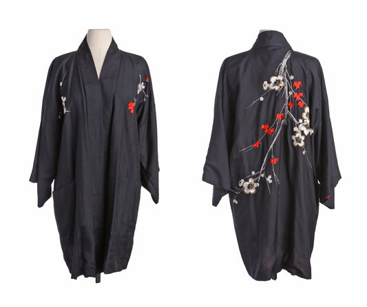 Vintage Black Kimono with Back Flower Embroidery and Bambo Print Inside Lining