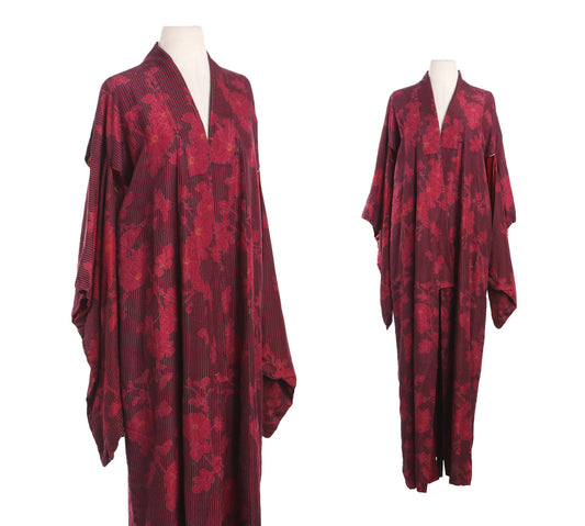Vintage Red Kimono Robe with Striped Flower Print