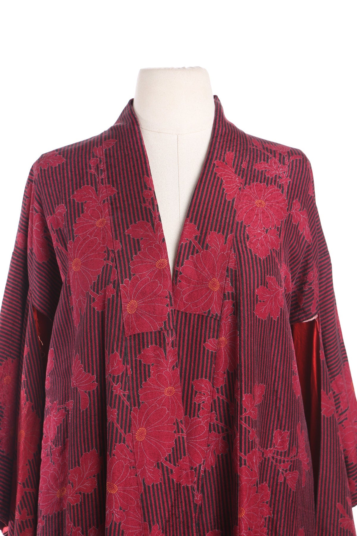 Vintage Red Kimono Robe with Striped Flower Print