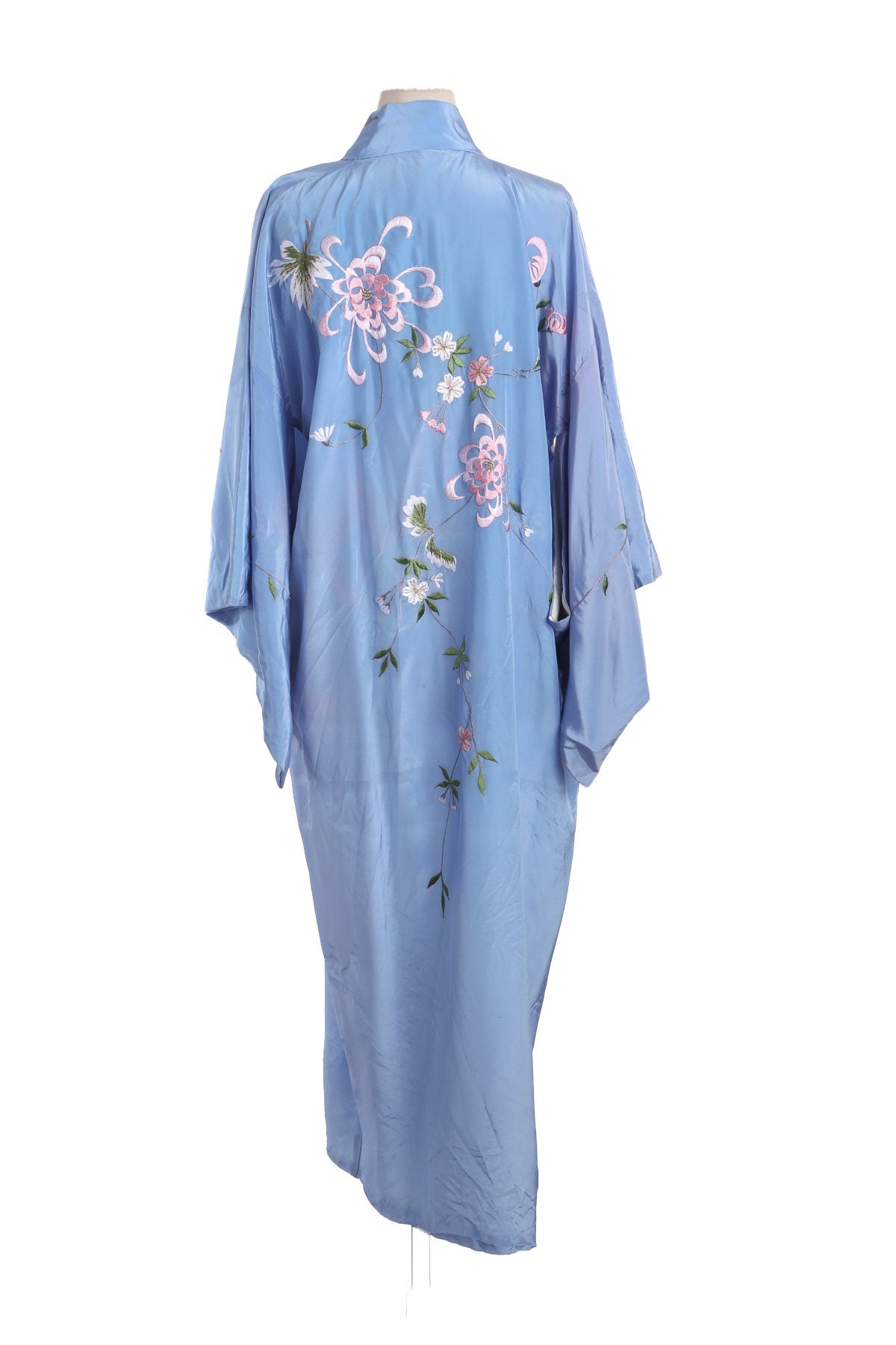 Vintage Blue Kimono Robe with Flower Embroidery Designs
