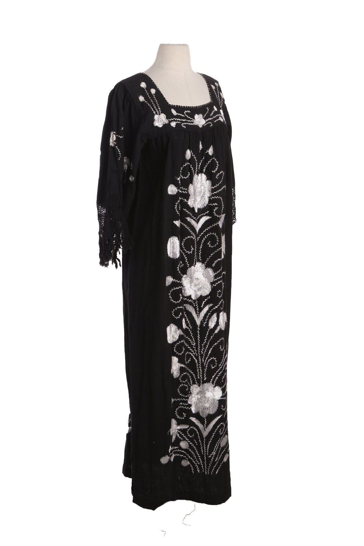 Vintage Black Embroidered Dress with White/Silver Flower Embroidery Designs