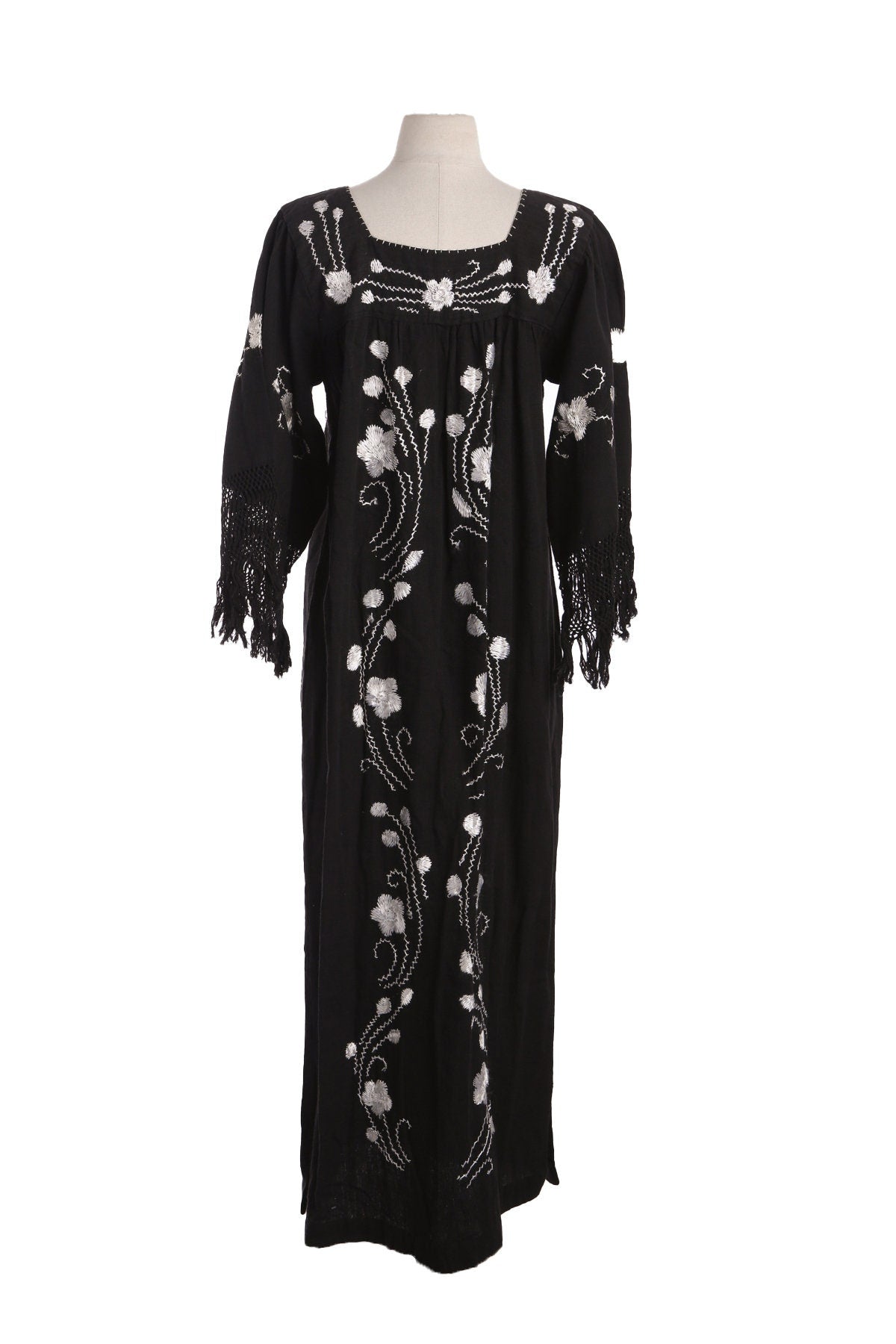Vintage Black Embroidered Dress with White/Silver Flower Embroidery Designs