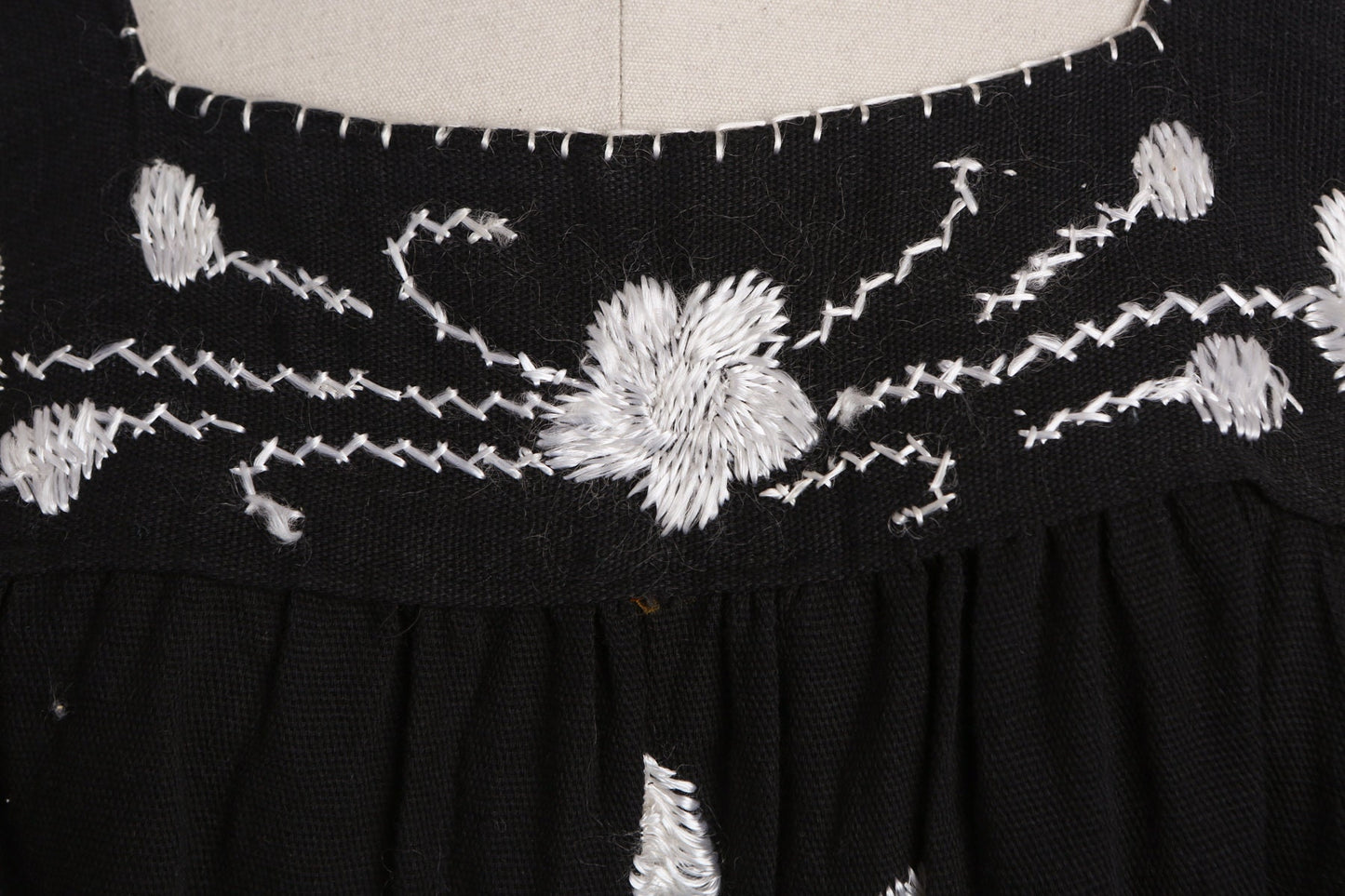 Vintage Black Embroidered Dress with White/Silver Flower Embroidery Designs