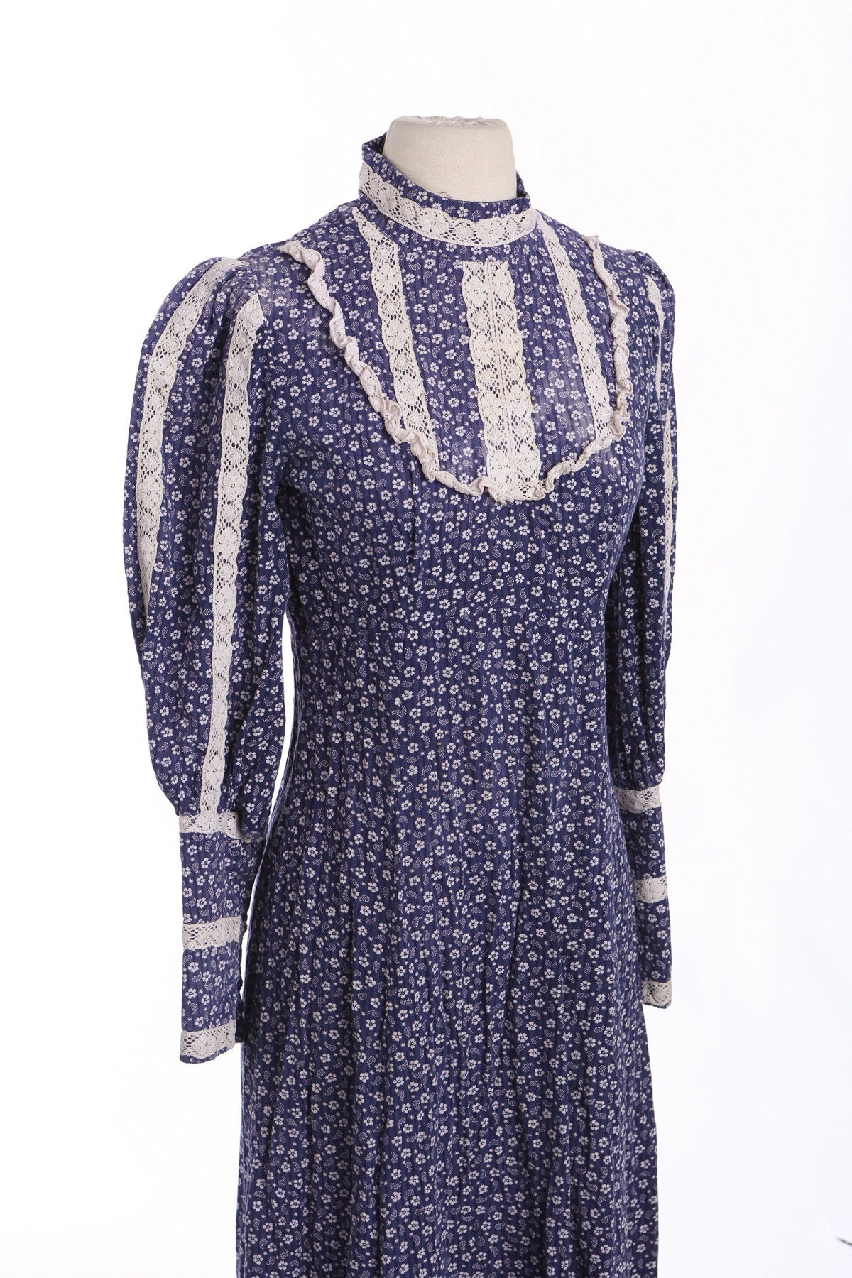 Vintage Blue Floral Print Long Prairie Dress - Era 70s - 80s