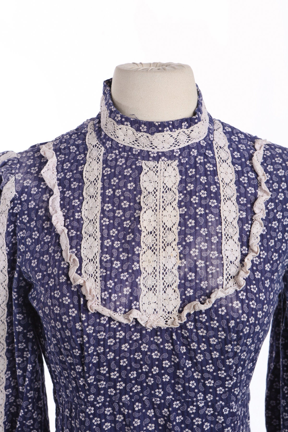 Vintage Blue Floral Print Long Prairie Dress - Era 70s - 80s