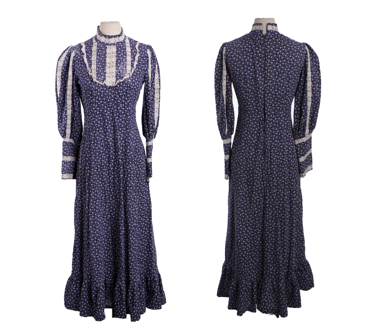 Vintage Blue Floral Print Long Prairie Dress - Era 70s - 80s