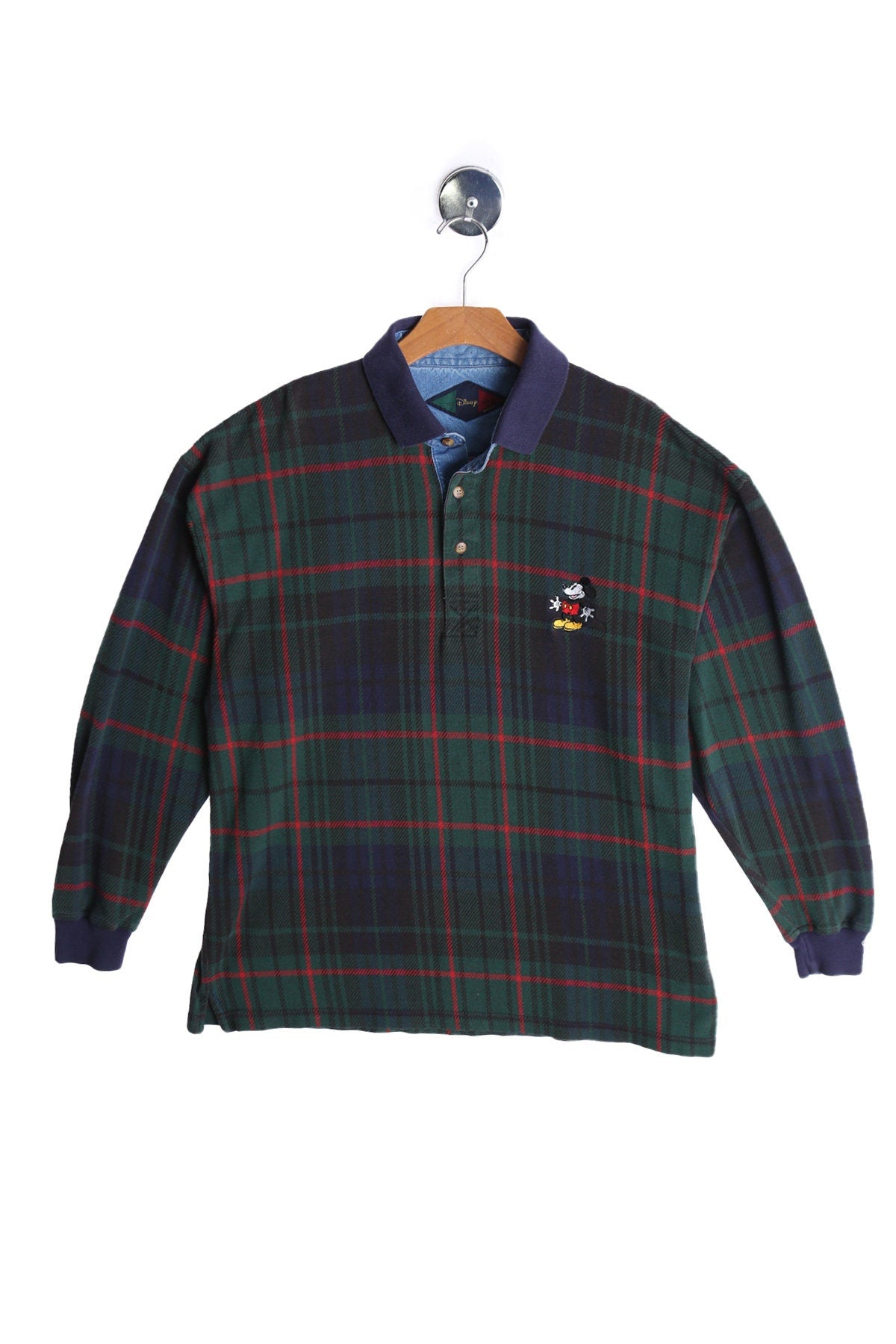 Vintage Mickey Mouse Green Plaid Long Sleeve Polo Shirt