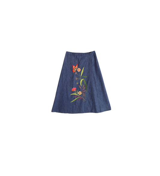 Blue Denim Flower Embroidered Skirt