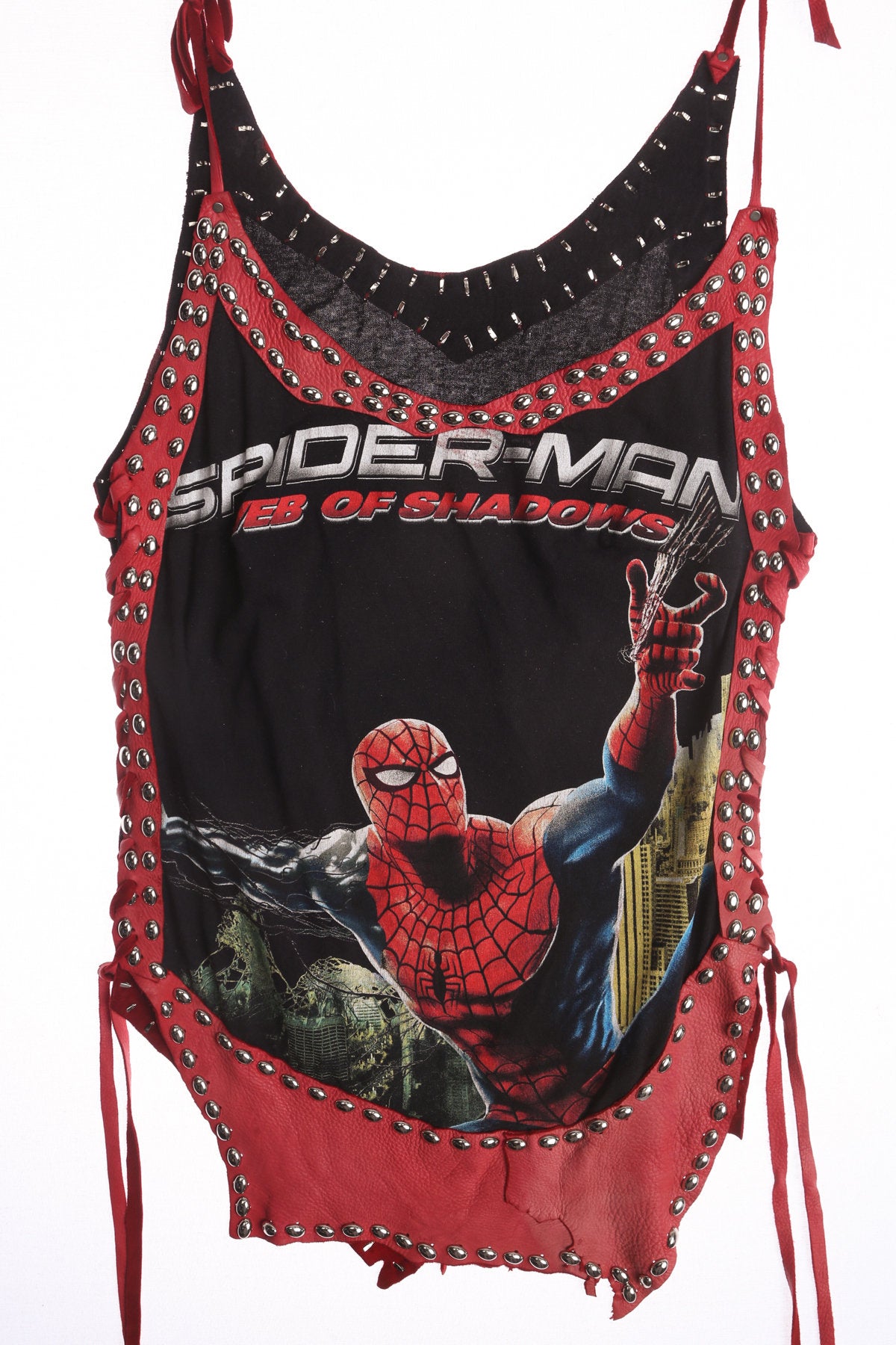 Costume Made Leather Top with Silver Studds and Cut Off Spiderman Graphic Shirt Patch