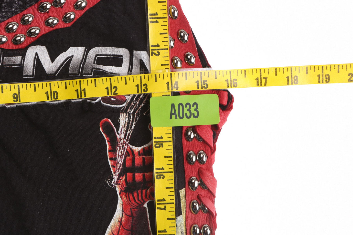 Costume Made Leather Top with Silver Studds and Cut Off Spiderman Graphic Shirt Patch