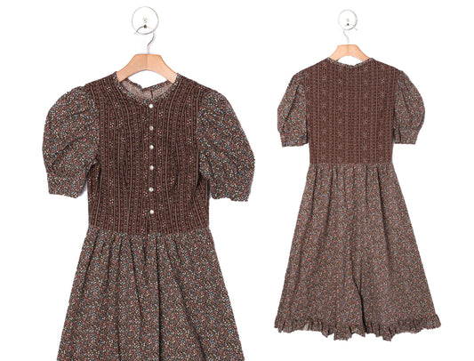 Vintage Prairie Dress Brown Floral Print
