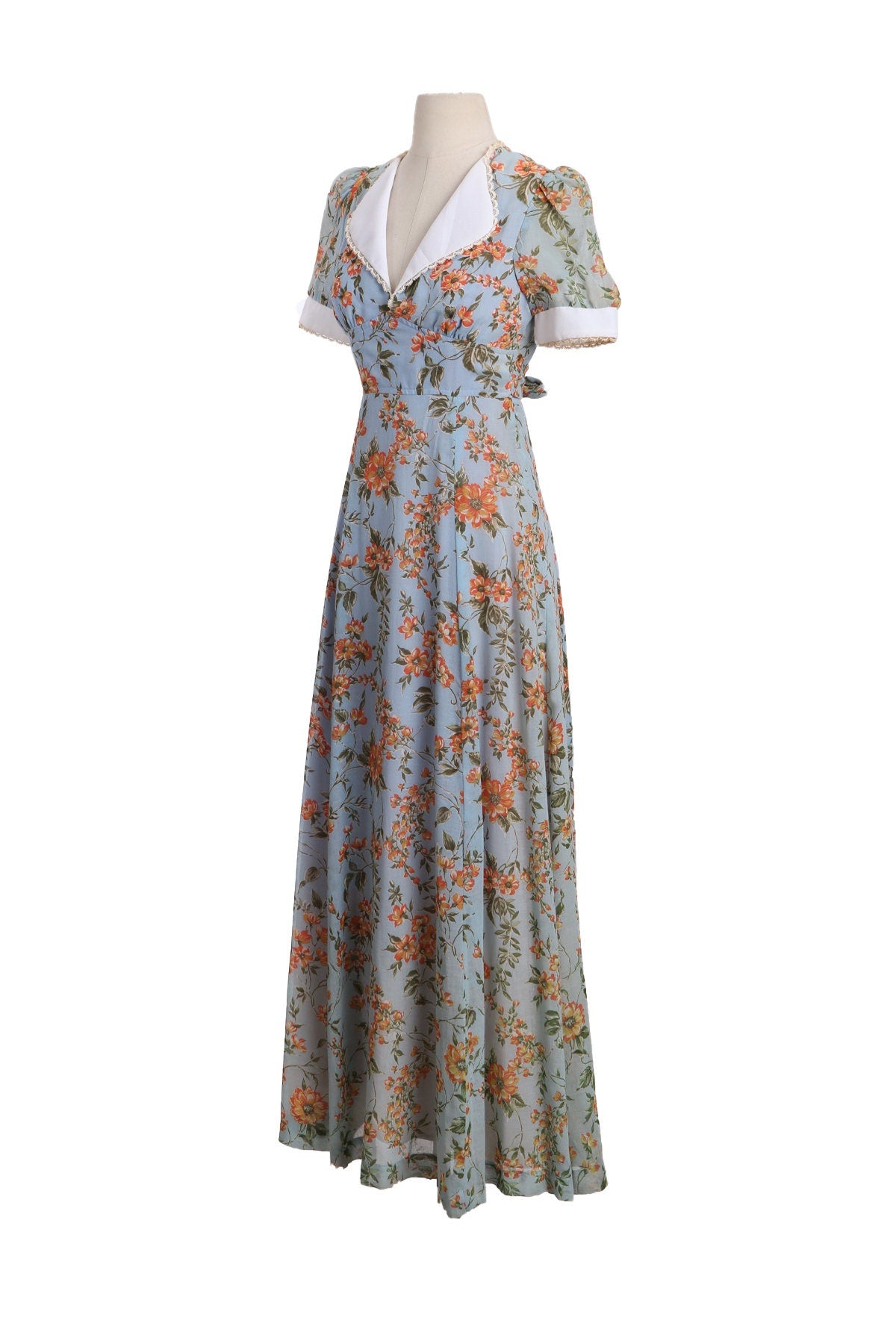 1970s Women Blue Long Floral Print Poly Summer Dress