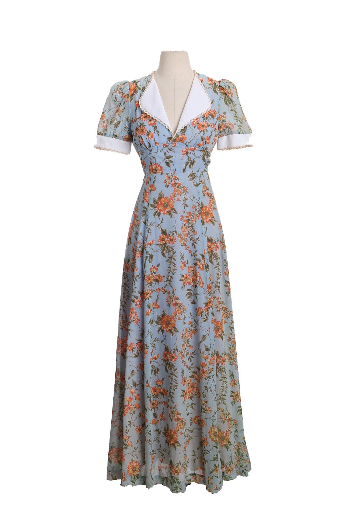 1970s Women Blue Long Floral Print Poly Summer Dress