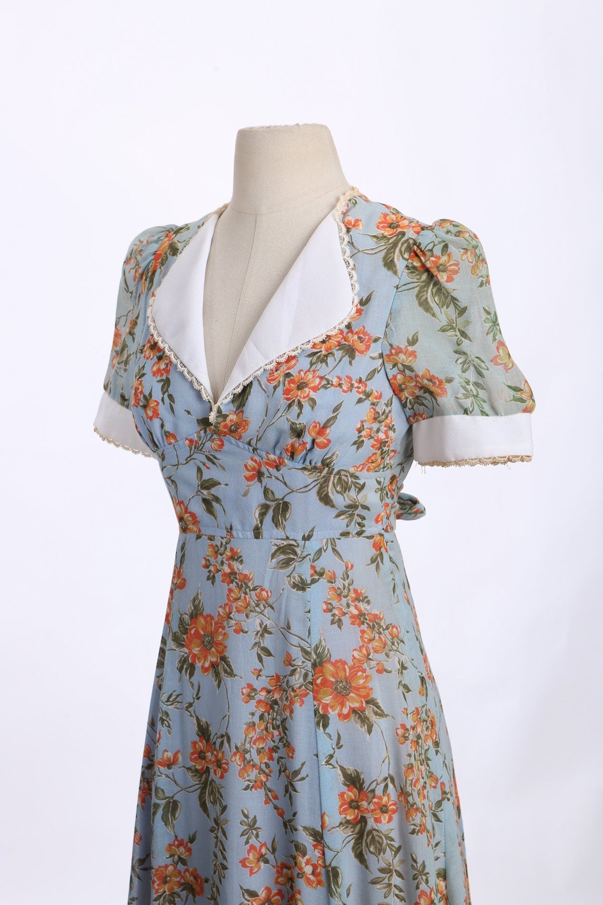 1970s Women Blue Long Floral Print Poly Summer Dress