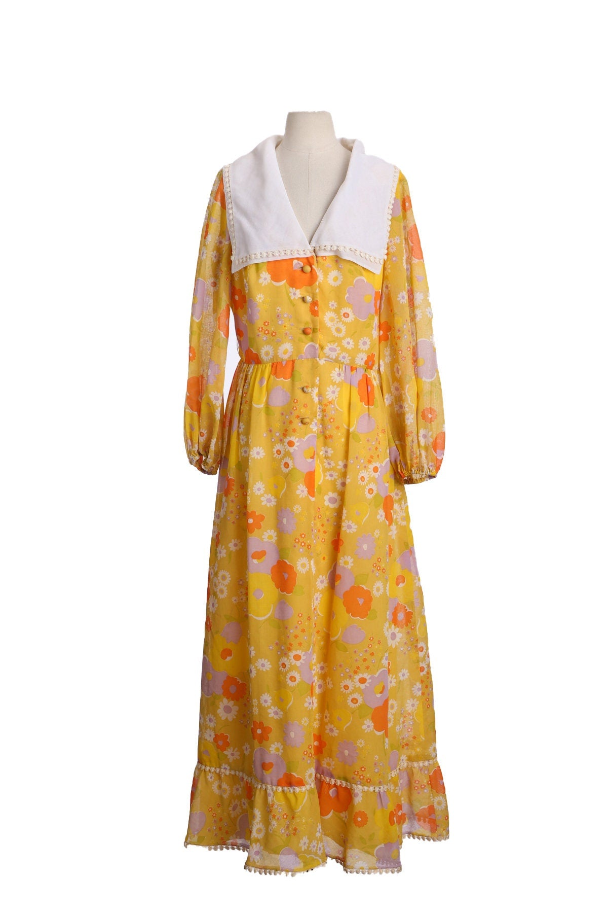Women 70s Floral Print Yellow Summer Dress