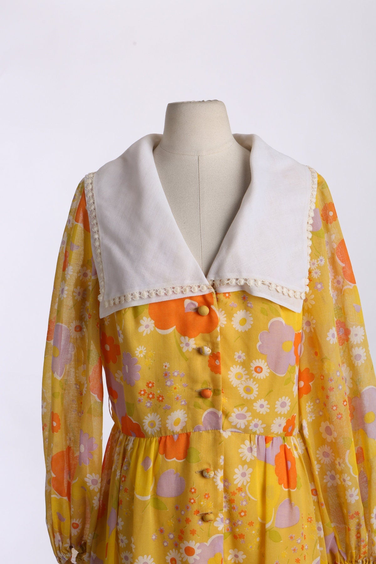 Women 70s Floral Print Yellow Summer Dress