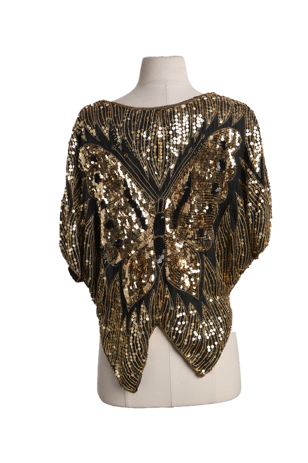 Vintage Golden Sequin Buttle Fly Top - Era 70s - 80s - Disco