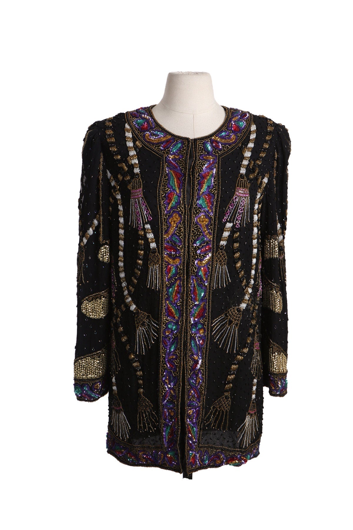 Black Sequin jacket with sequin Tassels Designs by Laurence Kazar - Era 80s - 90s