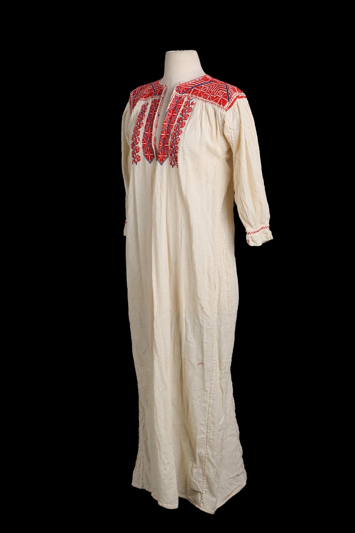 Vintage White Ethnic Long Dress with Red Embroidered Designs