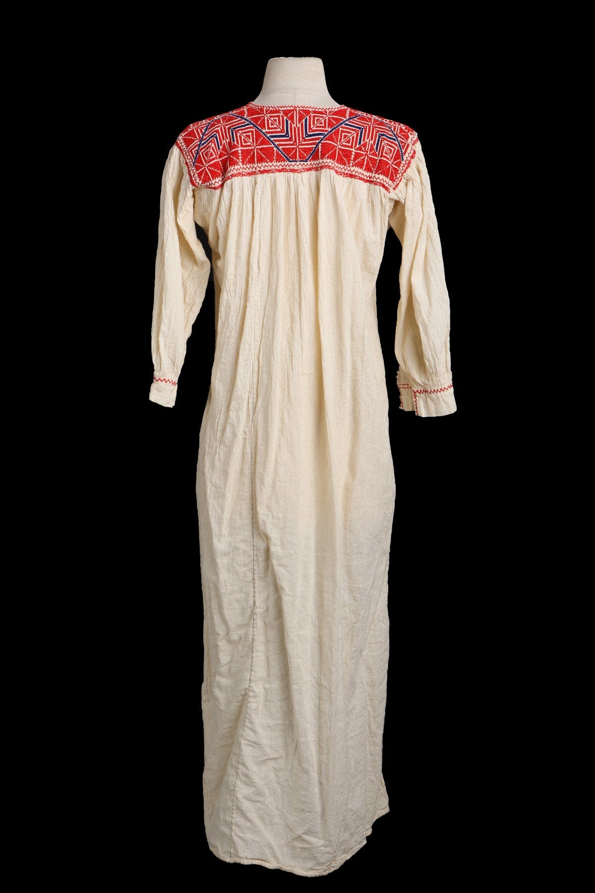 Vintage White Ethnic Long Dress with Red Embroidered Designs