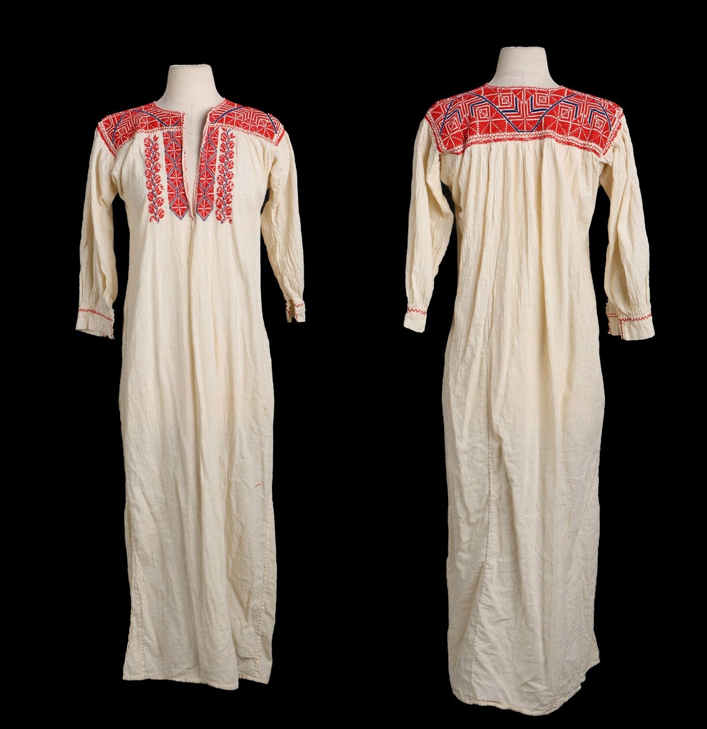 Vintage White Ethnic Long Dress with Red Embroidered Designs
