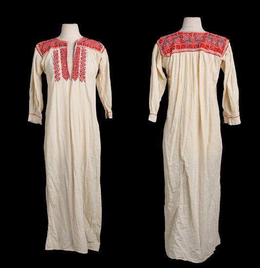 Vintage White Ethnic Long Dress with Red Embroidered Designs