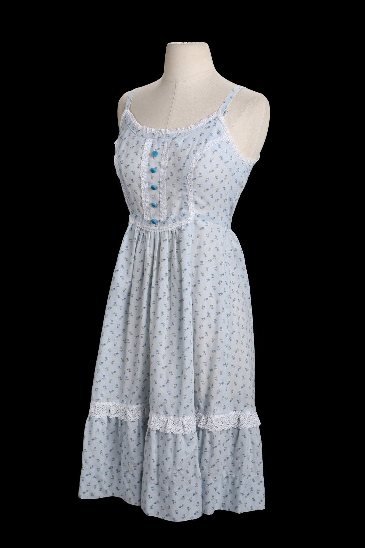 Vintage Women Blue Floral Print Summer Dress - Era 1970s - 1980s