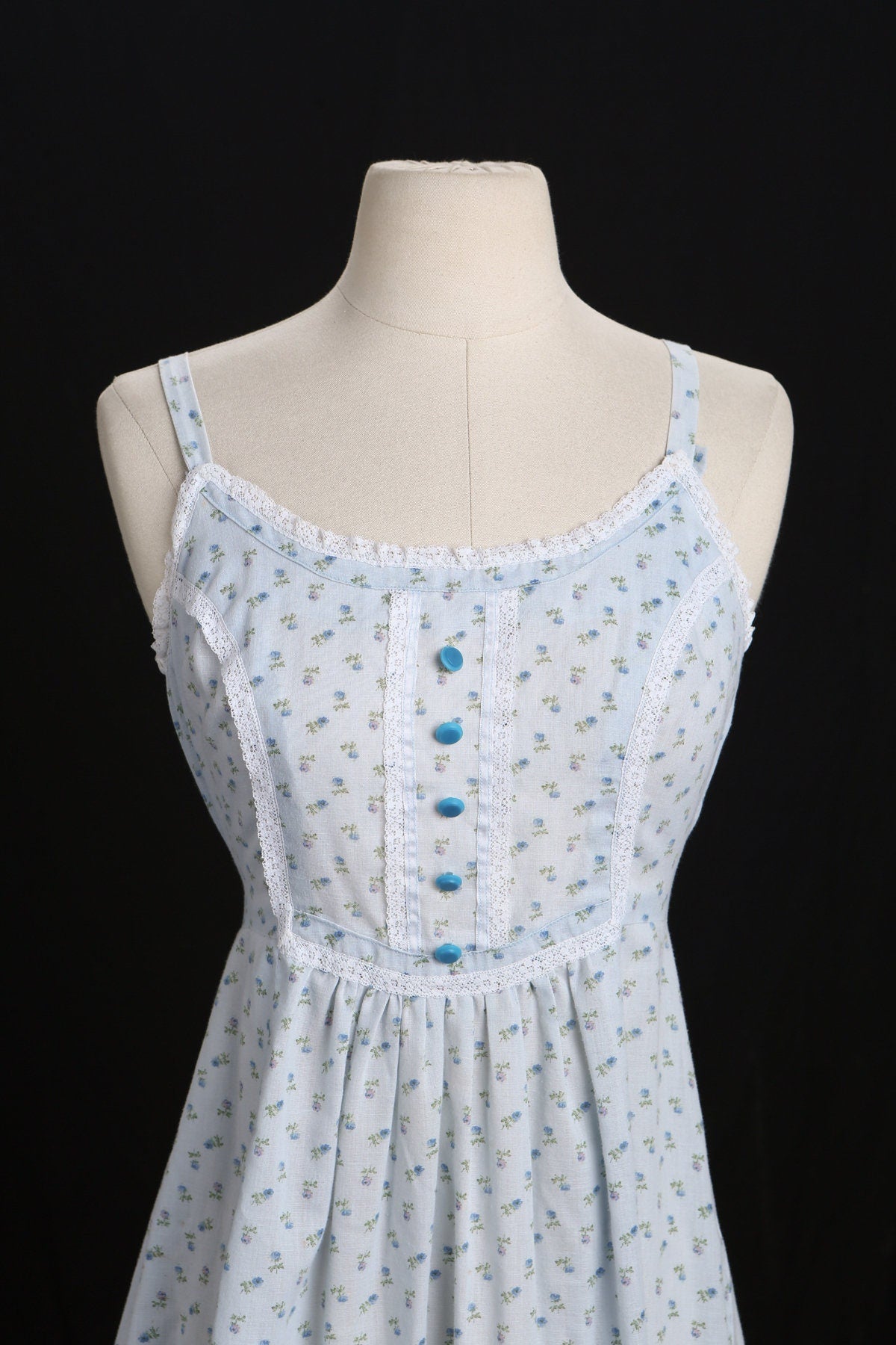 Vintage Women Blue Floral Print Summer Dress - Era 1970s - 1980s