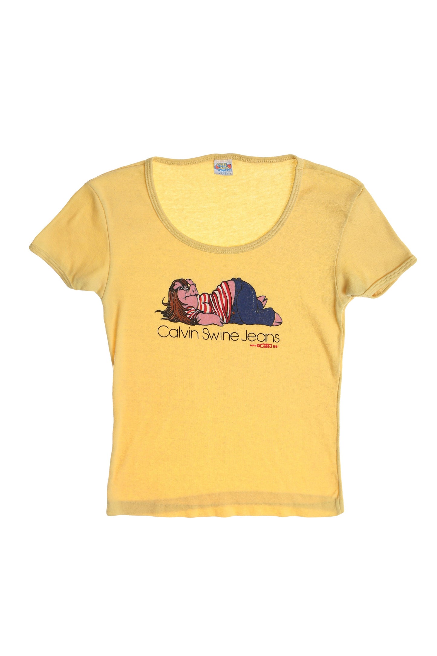 Vintage Women Yellow Graphic T-shirt - 1980s Calvin Swine Jeans by Crazy Shirt