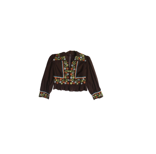Women Brown Floral Embroidered Long Sleeve High Waist Summer Top