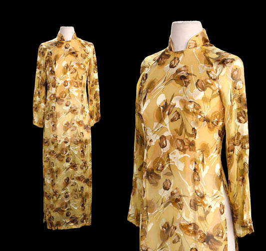 Vintage Cheongsam Dress with Yellow Flower Print Fabric Details
