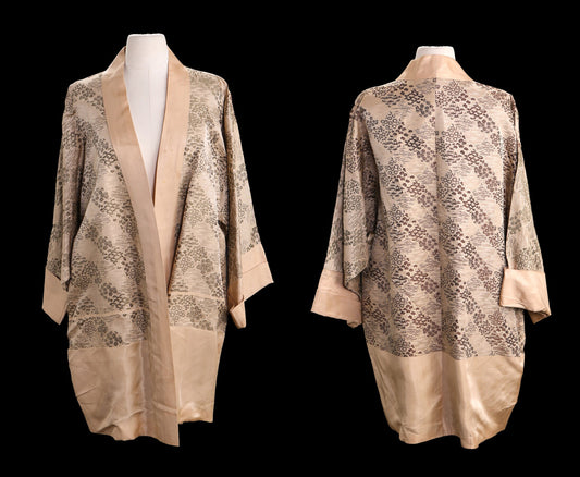 Vintage Brown Kimono Robe with Flower Pattern Details