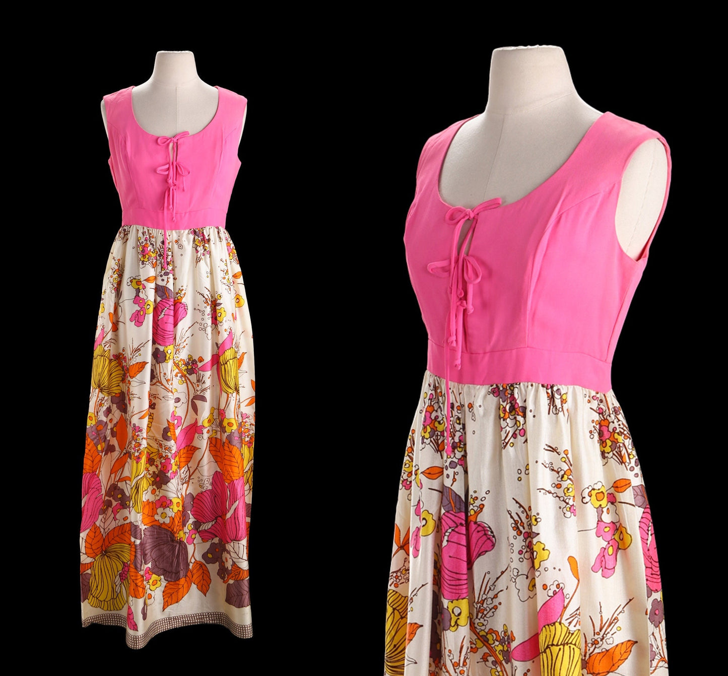 70s Summer Dress with Plants Print Details and Chest Ties Closure