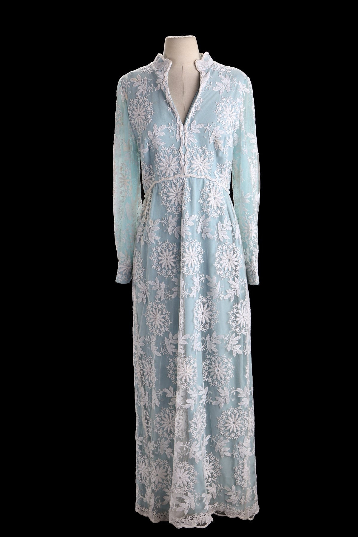 Vintage Blue Long Summer Dress with White Flower Embroidery