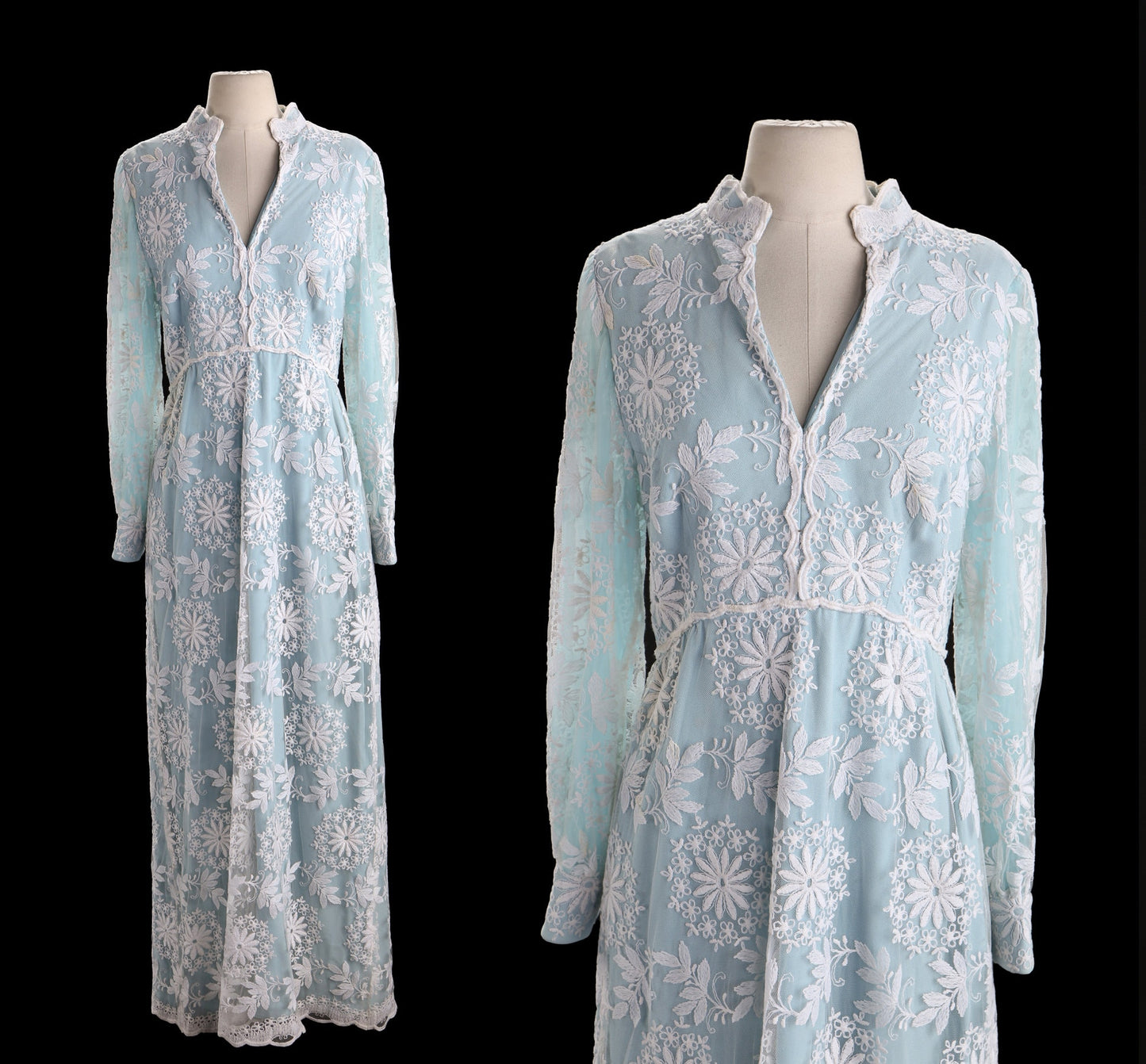 Vintage Blue Long Summer Dress with White Flower Embroidery
