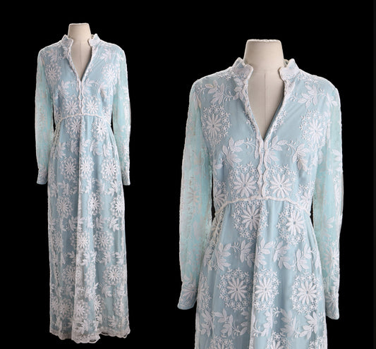 Vintage Blue Long Summer Dress with White Flower Embroidery