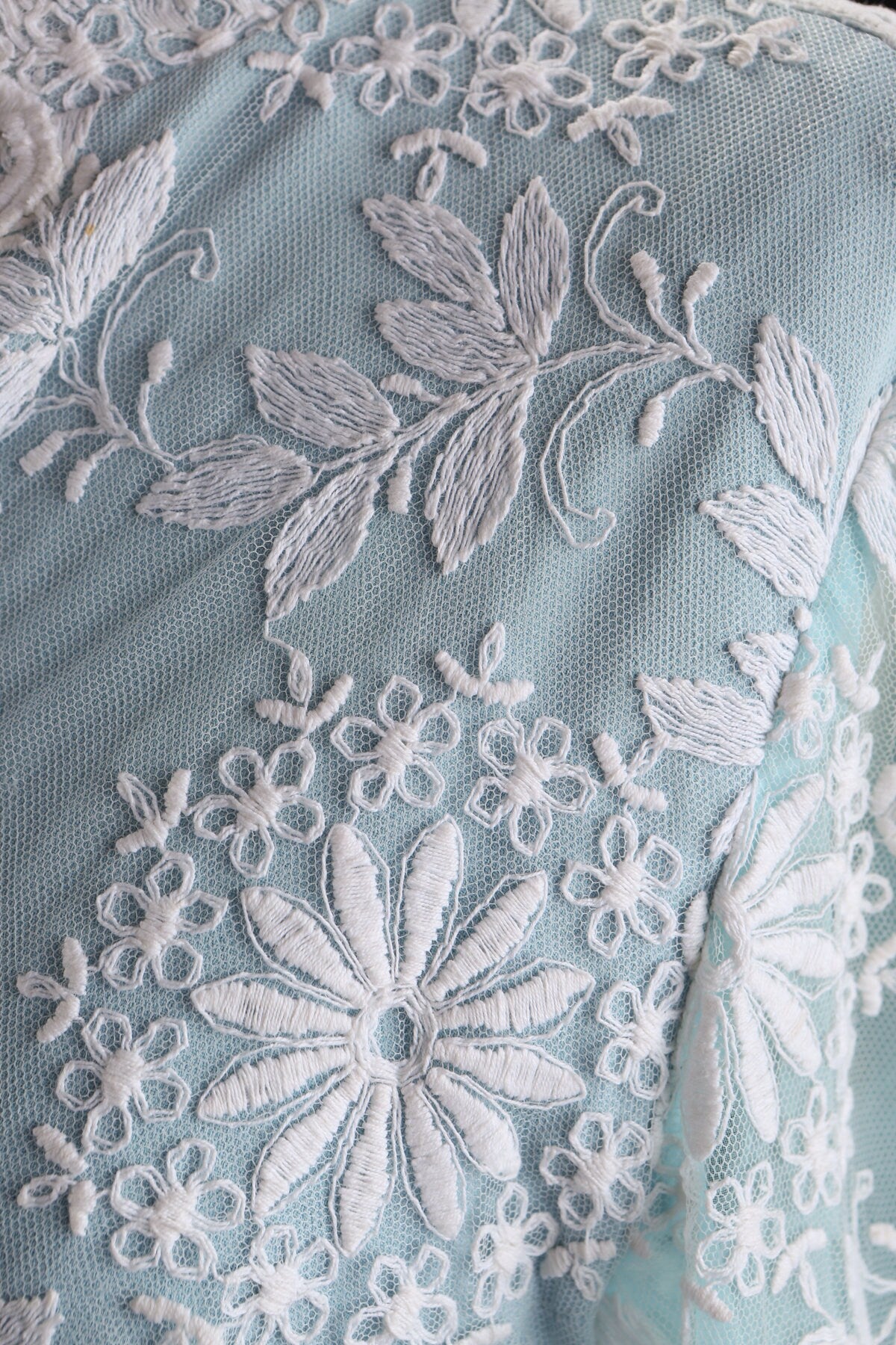 Vintage Blue Long Summer Dress with White Flower Embroidery