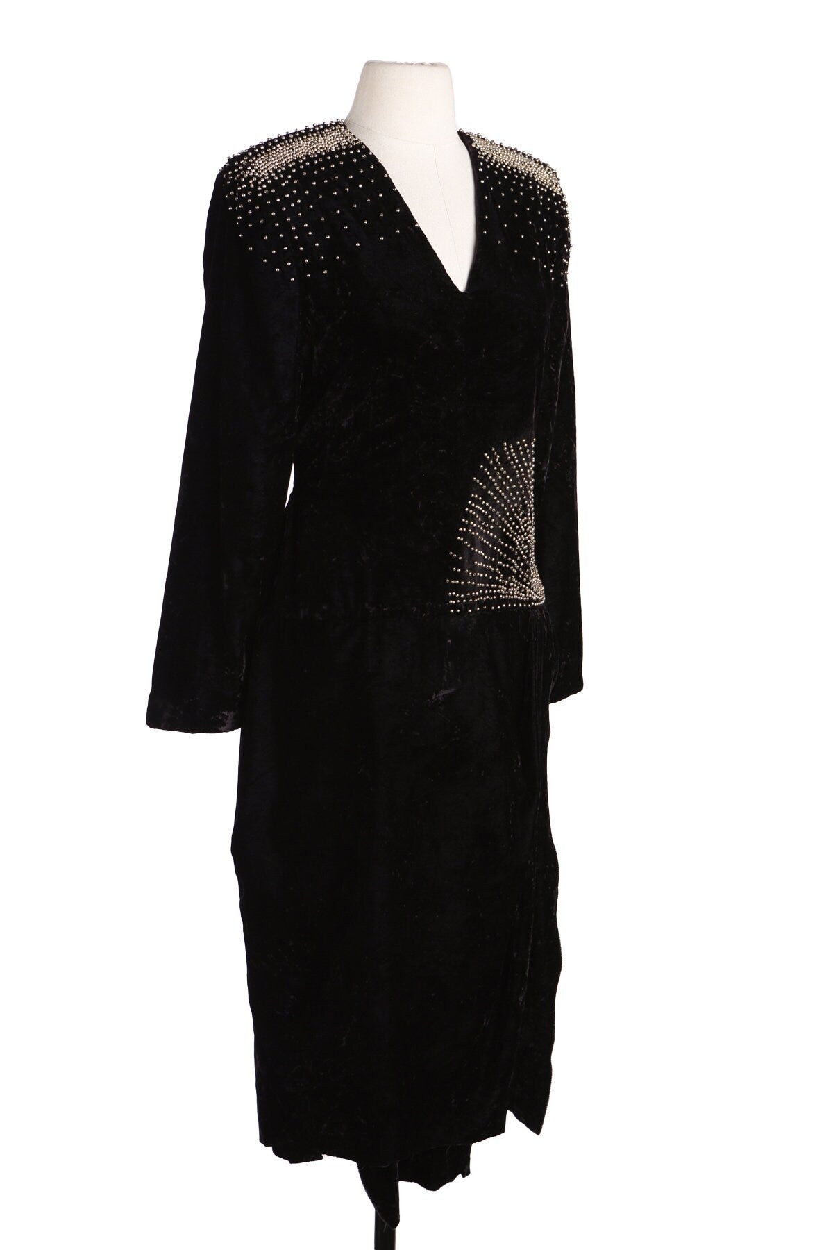 1990s Black Velvet Studded Evening Dress