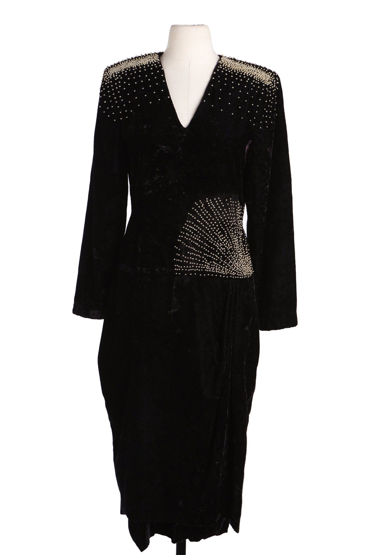 1990s Black Velvet Studded Evening Dress