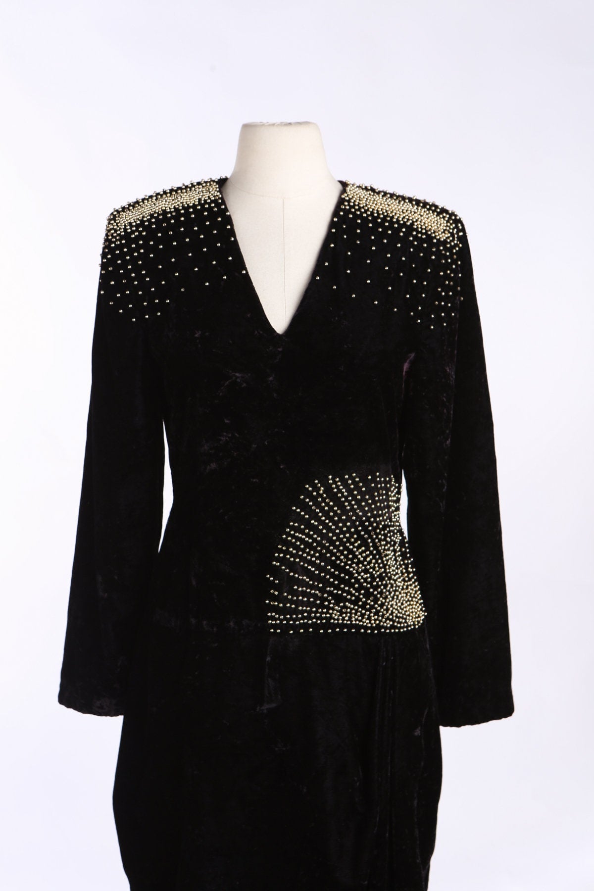 1990s Black Velvet Studded Evening Dress