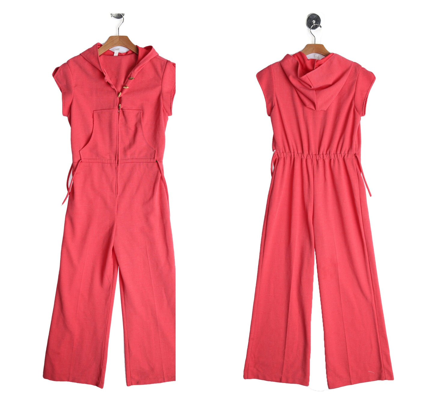 1970s Women Pink Poly Jumpsuit with Hood and Waist Adjusting Belt