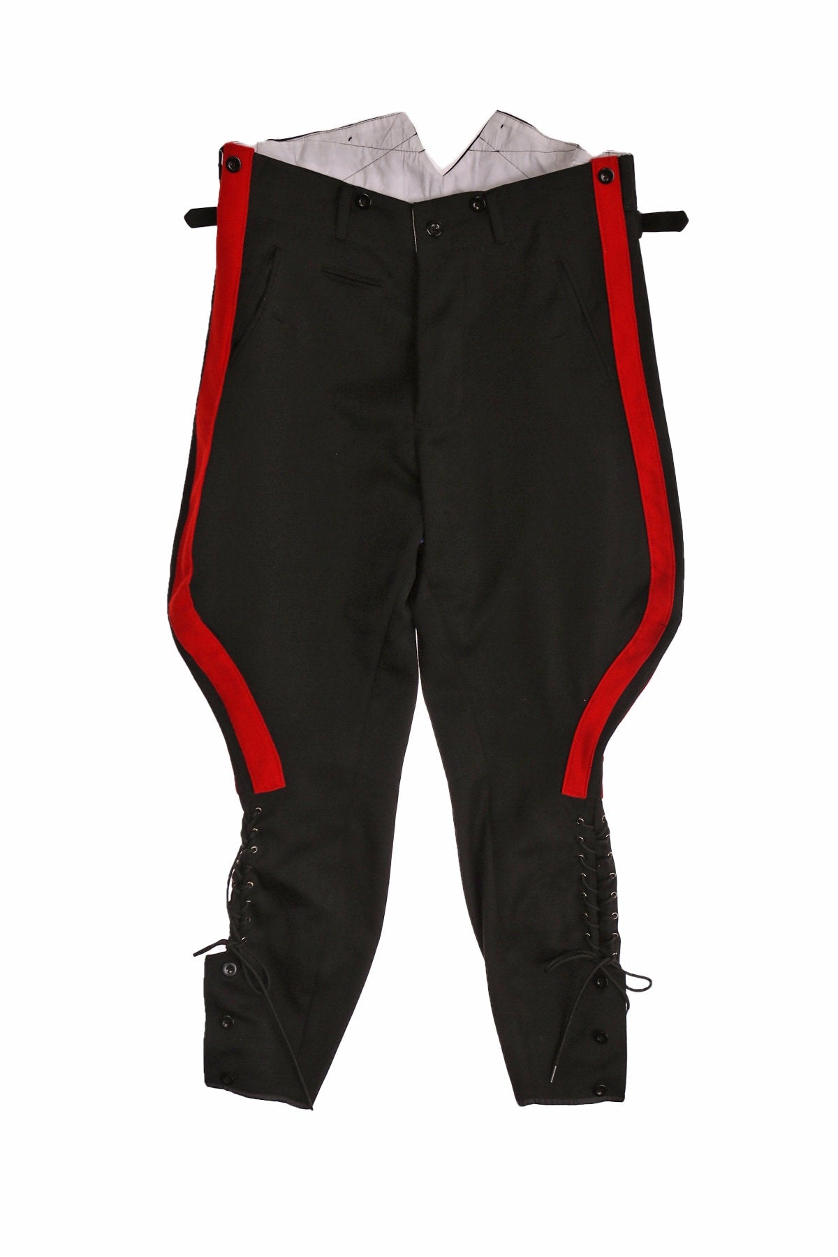 Men's Black Riding Pants with Red Side Lines and Bottom Lace Closure